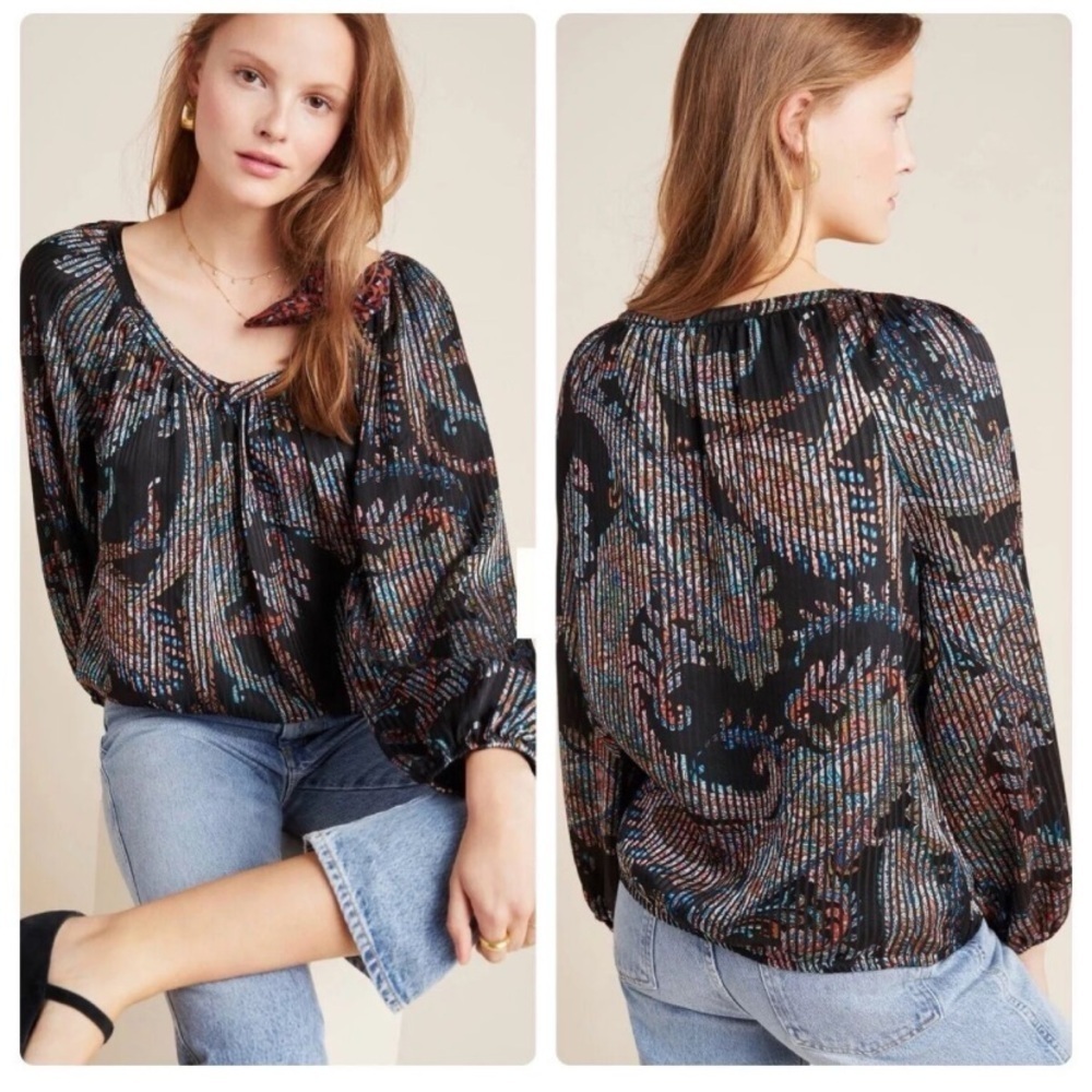 MAEVE ANTHROPOLOGIE Madeira Burnout Satin Blouse Multicolor Balloon Sleeves Sz S